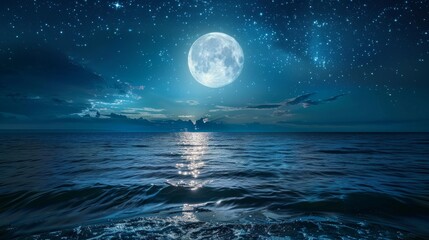 Serene Moonlit Night: Full Moon over Calm Sea with Star-Filled Sky