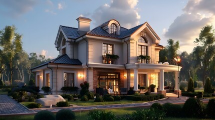 The 3D rendering shows a country villa with an attic and a terrace