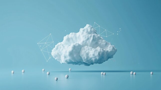 Conceptual image of a digital cloud with geometric shapes, symbolizing cloud computing and technology on a blue background.