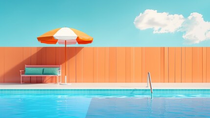Fototapeta premium Summer Paradise: 3D Illustration of a Swimming Pool with Sun Umbrella and Bench