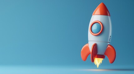 Cute toy rocket with red and white design against a blue background, symbolizing innovation and creativity in a minimalist style.