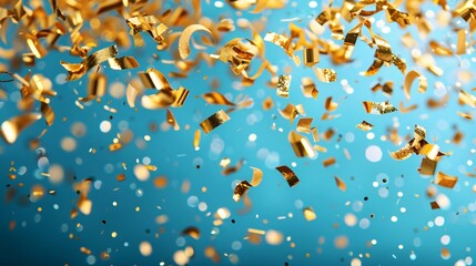 Golden confetti on blue background. Flying sparkles. Festival and birthday party concept
