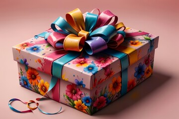 gift box with ribbon decorated with flowers