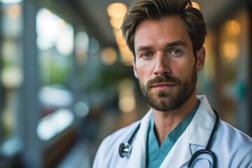 Doctor Man With Stethoscope In Hospital Background and blur background, AI-generated
