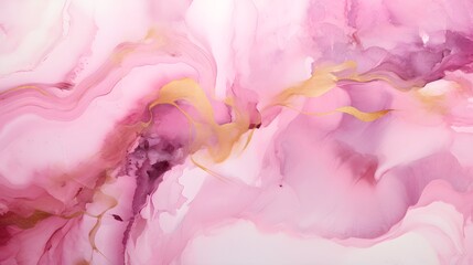 Abstract pink liquid background with glitter golden line and splash. Marble alcohol ink, luxury fluid art painting