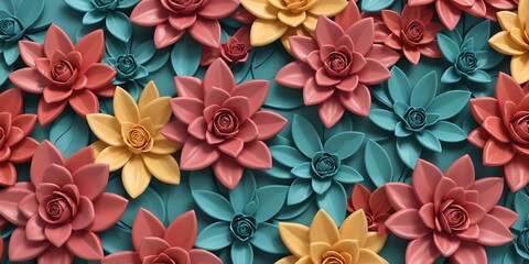 
wallpaper representing a pattern with flowers and leaves of random colors in relief.