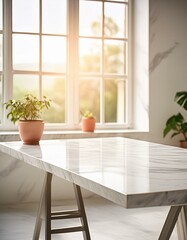 kitchen interior, an empty marble table in a workshop interior Emphasizing the inspiring and bright atmosphere 