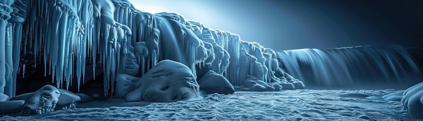 Fototapeta premium Panoramic view of a stunning frozen waterfall with icicles cascading down, surrounded by snow and illuminated by soft, natural light.