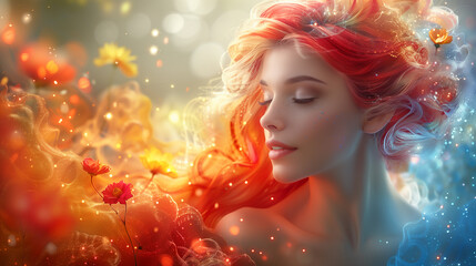 A bright picture depicting the serene face of a woman in an unearthly mood. Beauty salon concept