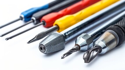 Screwdriver set with various heads, isolated on a white studio background -