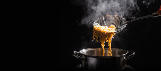 The cook is using a strainer to boil yellow noodles in a stainless steel pot that is boiling and...