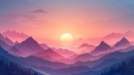 Stunning digital art of a sunrise over misty mountain range. Perfect for backgrounds, wallpapers, and nature-inspired designs.