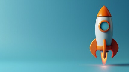 Futuristic rocket launching with blue background, symbolizing innovation, progress, and technology in a simplistic and modern design.