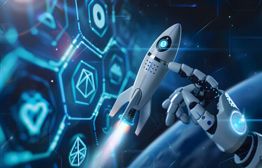 A Robot AI touching rocket launch icon on virtual screen with hexagon and different icons for business plan, technology or strategy concept in background.