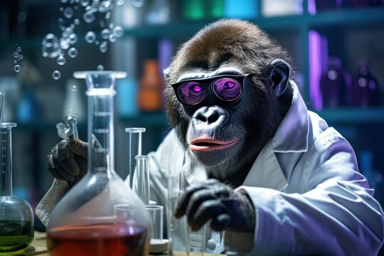 Funny monkey scientist in a laboratory.