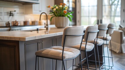 Obraz premium Sleek bar stool with a metal frame and cushioned seat at a kitchen counter