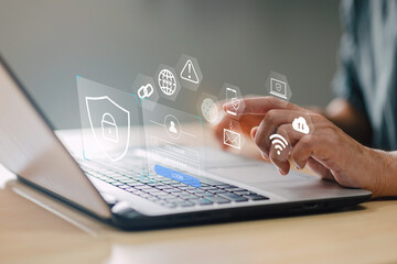 Cyber security and online data protection on internet of thing. Firewall shield secure access system with lock icon. Cybersecurity, privacy and login and password verification authentication.