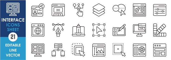 A set of line icons related to interface. Digital interface, ui, ux, design, website, creativity and so on. Vector outline icons set.