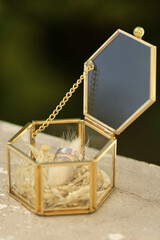 Two white gold wedding rings in a glass box.