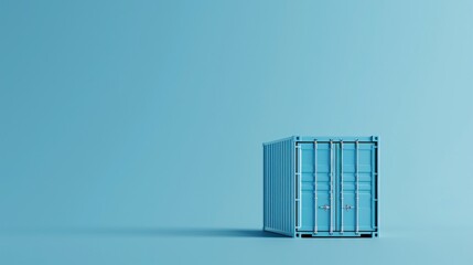 Minimalist blue shipping container on blue background. Conceptual image for logistics, transportation, or storage industry.