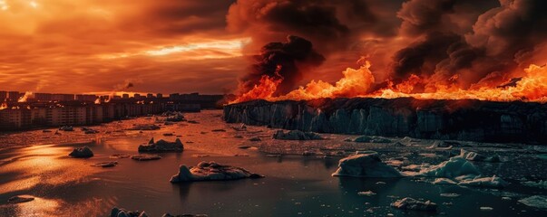 A dramatic scene of a blazing fire under a fiery sunset sky, with icy waters and scattered icebergs, illustrating nature's raw power.