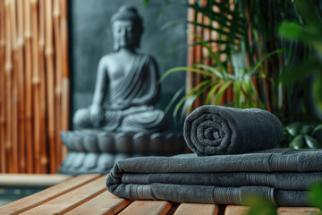 Towels with candle and Buddha statue in spa salon