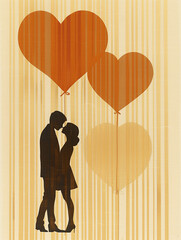 Sweet Valentine's card: lovers kiss silhouette and heart shaped balloons in background