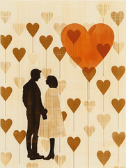 Cute Valentine's love card: lover couple silhouette and plenty of red  heart shaped balloons in background
