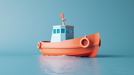 Minimalistic illustration of an orange and blue toy boat floating on water, set against a soft blue background. Perfect for kid's decor.