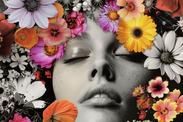 fashion portrait of a woman with flowers, collage of black and white monochrome photo and vibrant blooms and makeup. Florist, beauty salon flyer, time to bloom.