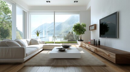 Naklejka premium Sleek TV unit with a floating design in a modern living room