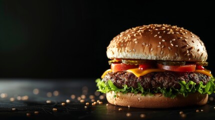 Bite into flavor: juicy beef burger on stylish black background, perfect for fast food restaurant designs or menus
