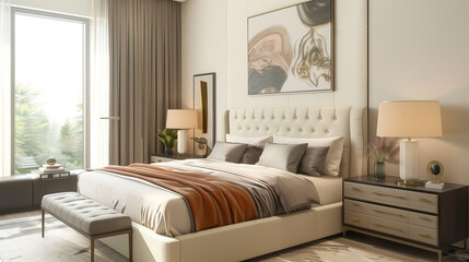 Perspective view of a contemporary bedroom with sleek furniture, neutral colors, and abstract art , room interior