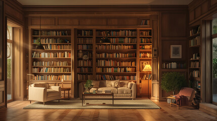 Perspective view of a spacious home library with built-in bookshelves, a reading nook, and cozy lighting , room interior