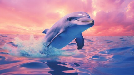 Fantasy vaporwave portrait of retrowave dolphin. Pink and blue colors.
