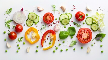 Naklejka premium Vibrant summer vegetable medley: fresh tomatoes, onion, cucumber, peas, garlic, cabbage, peppers, and radish arranged artfully on white background - food concept