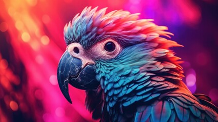 Obraz premium Fantasy vaporwave portrait of retrowave parrot. Pink and blue colors.