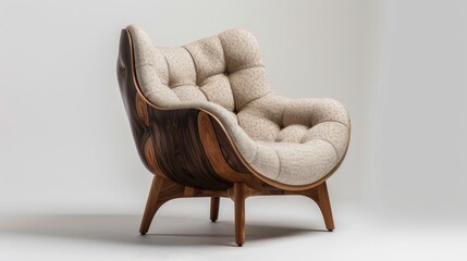 Stylish armchair with a wooden frame and fabric upholstery, isolated on a white studio background