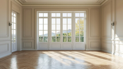 Fototapeta premium Perspective view of an empty room with French doors and a balcony view , room interior design, perspective view