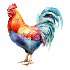 Fototapeta premium Colorful rooster watercolor illustration on white background. Farm animals art.