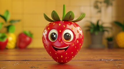 Cheerful animated strawberry character with expressive face, perfect for animated projects and children's content