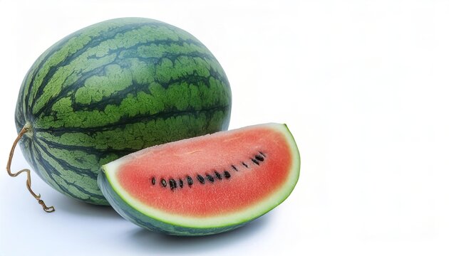 watermelon - Citrullus lanatus - isolated on a white background. Green rind or exocarp and delicious, ripe, edible sweet whole and sliced fruit with red juicy mesocarp and endocarp with seeds