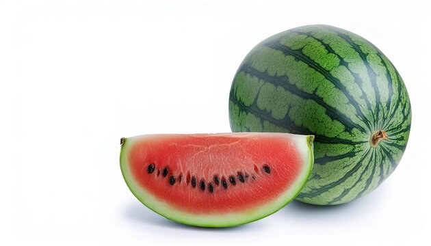 watermelon - Citrullus lanatus - isolated on a white background. Green rind or exocarp and delicious, ripe, edible sweet whole and sliced fruit with red juicy mesocarp and endocarp with seeds