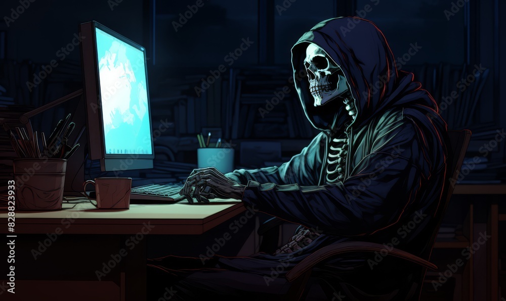 Wall mural a skeleton hacker sitting at the computer