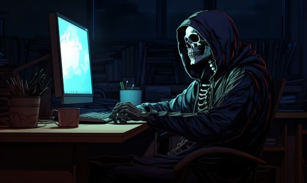 A skeleton hacker sitting at the computer