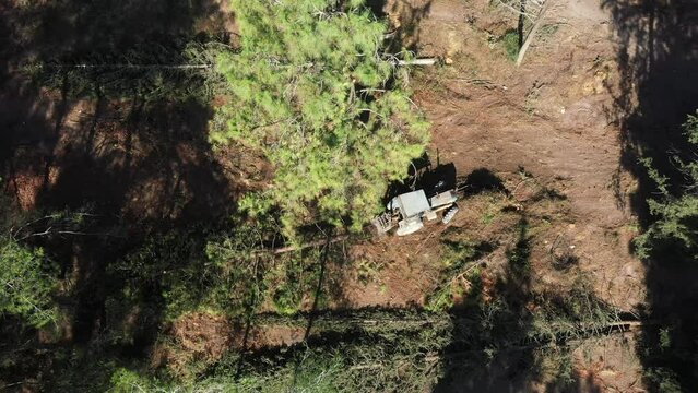 Aerial video above a tactor pulling a tree in Ein Shosfit National Park, Israel