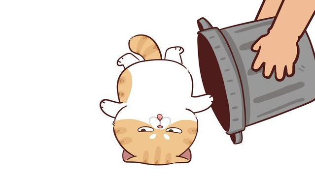 Animated Funny Cat Dumped in Trash - White Background