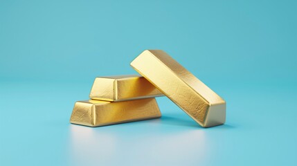Stack of three shiny gold bars on a light blue background symbolizing wealth, investment, and luxury. Perfect for financial themes.