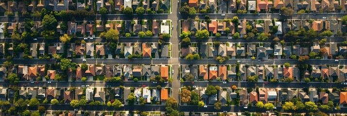 An aerial shot of a suburban neighborhood showing the orderly rows of houses and green trees, reflecting community and structure