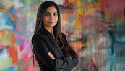 Indian business woman in her late thirties, with long dark hair and fair skin tone wearing a black suit young woman stands confidently with her arms crossed and a beaming smile on her face.